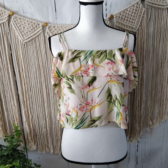 Zara Tops - Zara Basic Pink Floral Cold Shoulder Crop Top XS